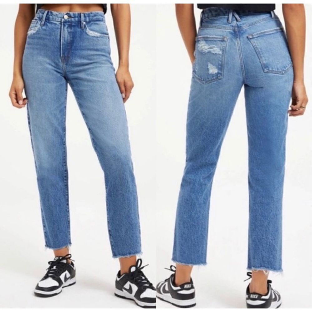 Good American 4/27 Good Vintage Frayed Hem Straight Leg High Rise Jeans